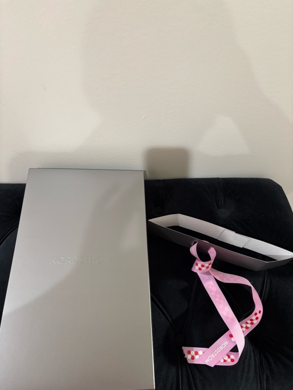 Nordstrom Silver Box with Pink Polka-Dot Ribbon